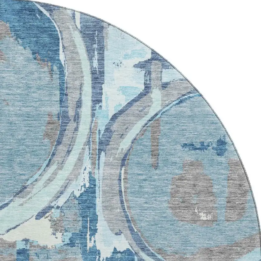 8' Blue Gray And Ivory Geometric Washable Round Rug With UV Protection Photo 4