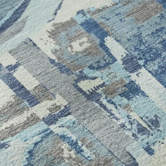 8' Blue Gray And Ivory Geometric Washable Round Rug With UV Protection Photo 9