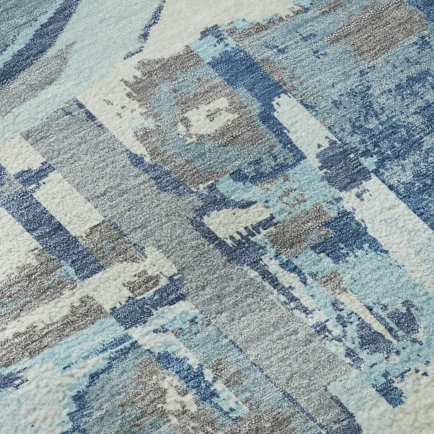 8' Blue Gray And Ivory Geometric Washable Round Rug With UV Protection Photo 9