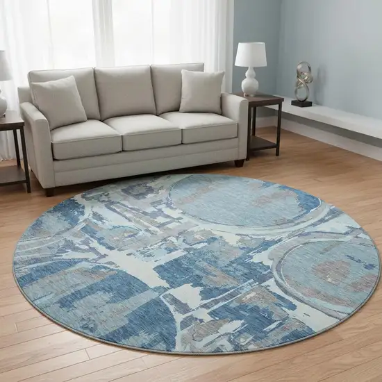 8' Blue Gray And Ivory Geometric Washable Round Rug With UV Protection Photo 2