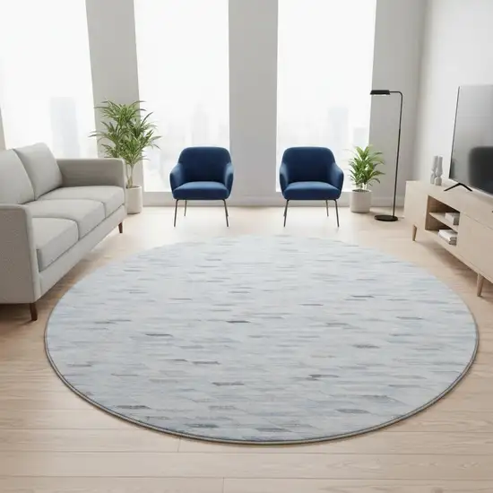 8' Blue Gray And Ivory Geometric Washable Round Rug With UV Protection Photo 2