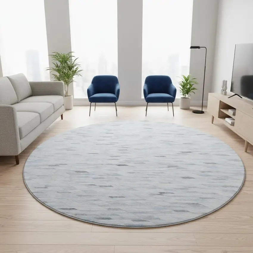 8' Blue Gray And Ivory Geometric Washable Round Rug With UV Protection Photo 2