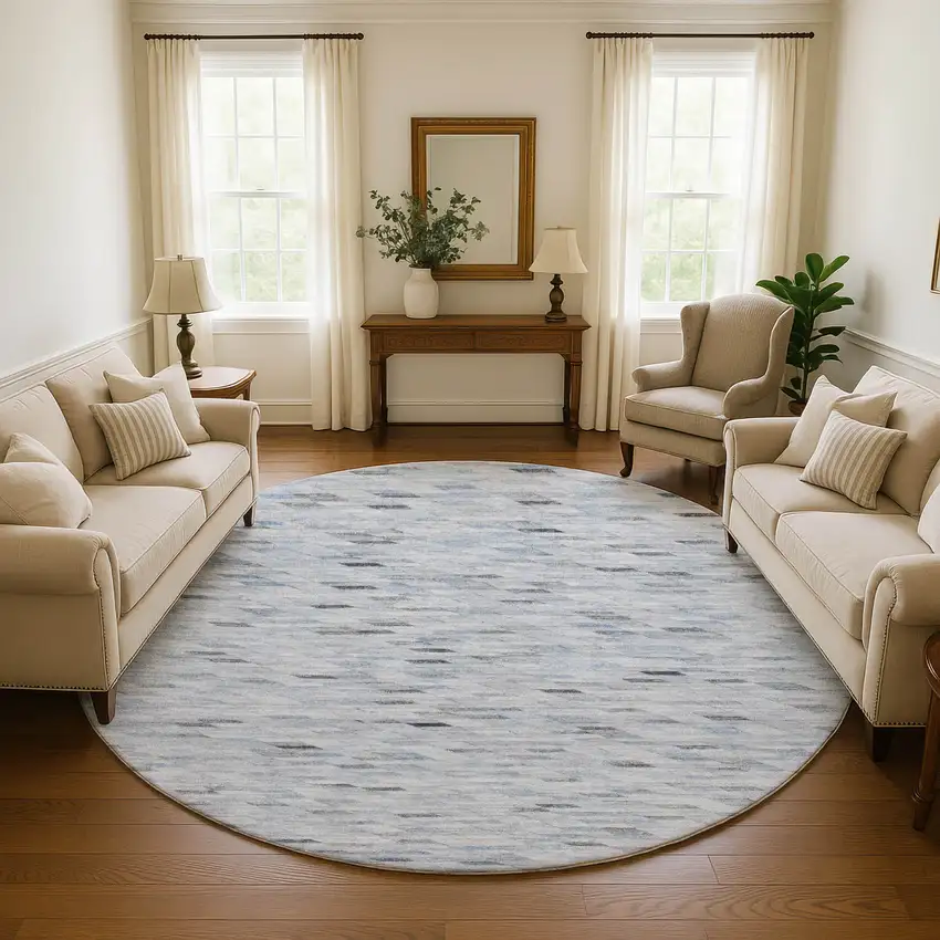 8' Blue Gray And Ivory Geometric Washable Round Rug With UV Protection Photo 4