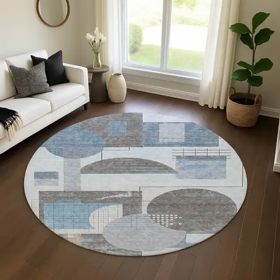 8' Blue Gray And Ivory Geometric Washable Round Rug With UV Protection Photo 4