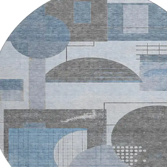 8' Blue Gray And Ivory Geometric Washable Round Rug With UV Protection Photo 3