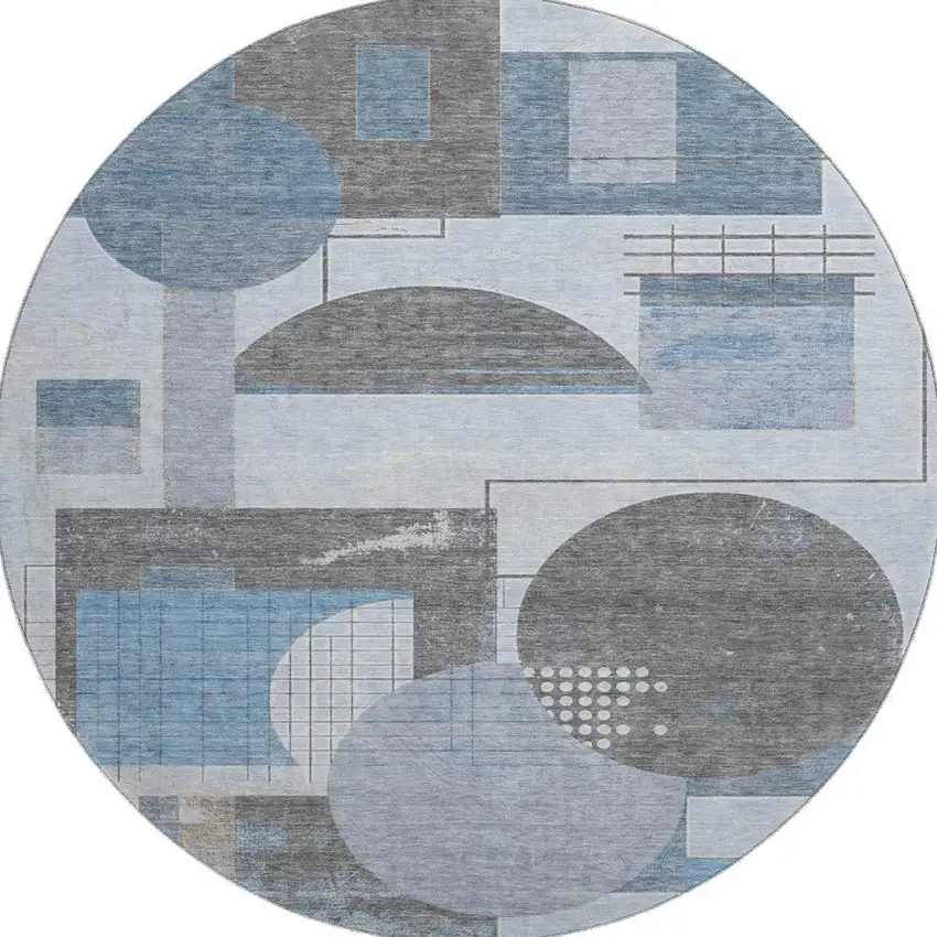 8' Blue Gray And Ivory Geometric Washable Round Rug With UV Protection Photo 3