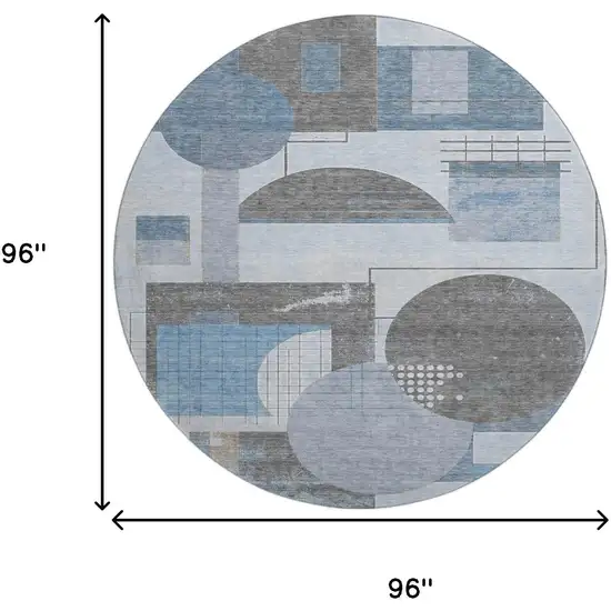 8' Blue Gray And Ivory Geometric Washable Round Rug With UV Protection Photo 9