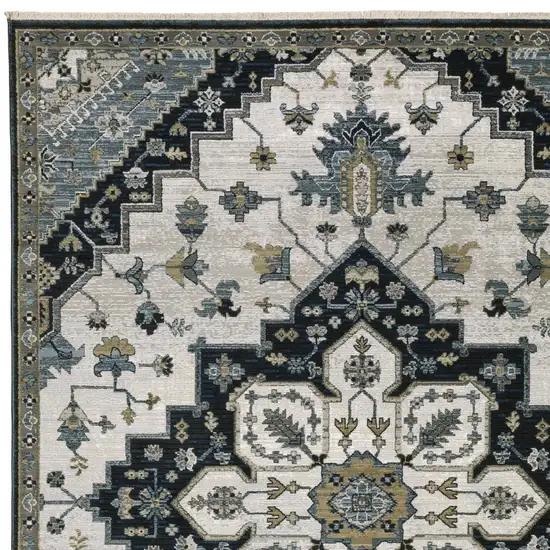 8' Blue Gray And Ivory Medallion Runner Rug With Fringe Photo 6