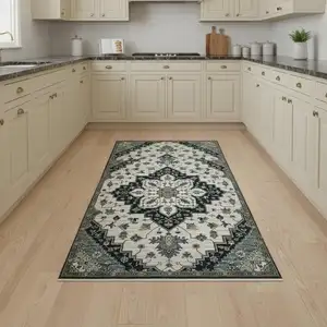 Photo of 8' Blue Gray And Ivory Medallion Runner Rug With Fringe