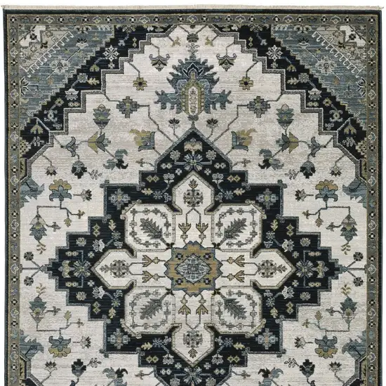 8' Blue Gray And Ivory Medallion Runner Rug With Fringe Photo 7