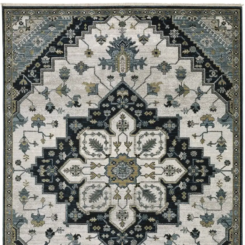 8' Blue Gray And Ivory Medallion Runner Rug With Fringe Photo 7