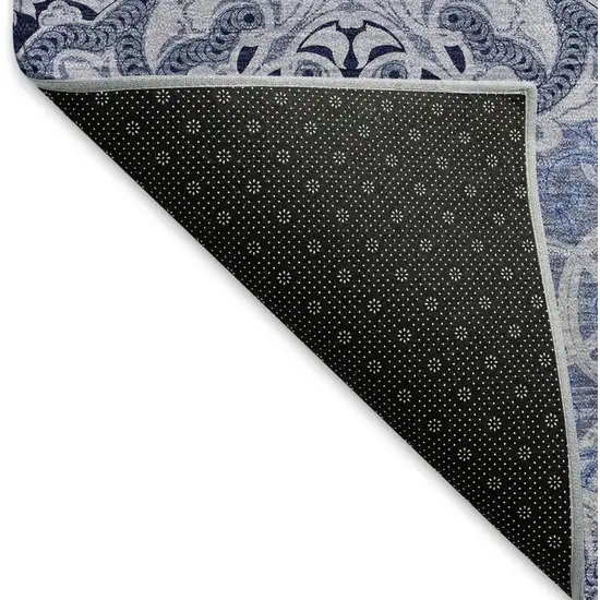 8' Blue Gray And Ivory Medallion Washable Round Rug With UV Protection Photo 6