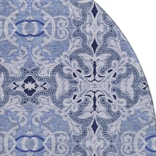 8' Blue Gray And Ivory Medallion Washable Round Rug With UV Protection Photo 3
