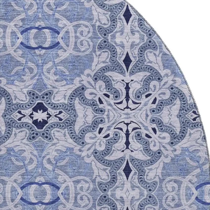 8' Blue Gray And Ivory Medallion Washable Round Rug With UV Protection Photo 3