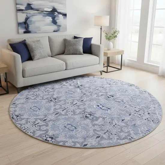 8' Blue Gray And Ivory Medallion Washable Round Rug With UV Protection Photo 2