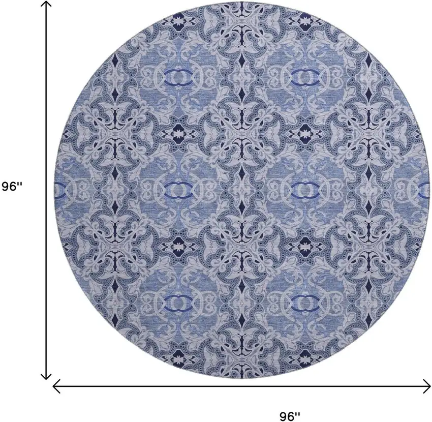 8' Blue Gray And Ivory Medallion Washable Round Rug With UV Protection Photo 3