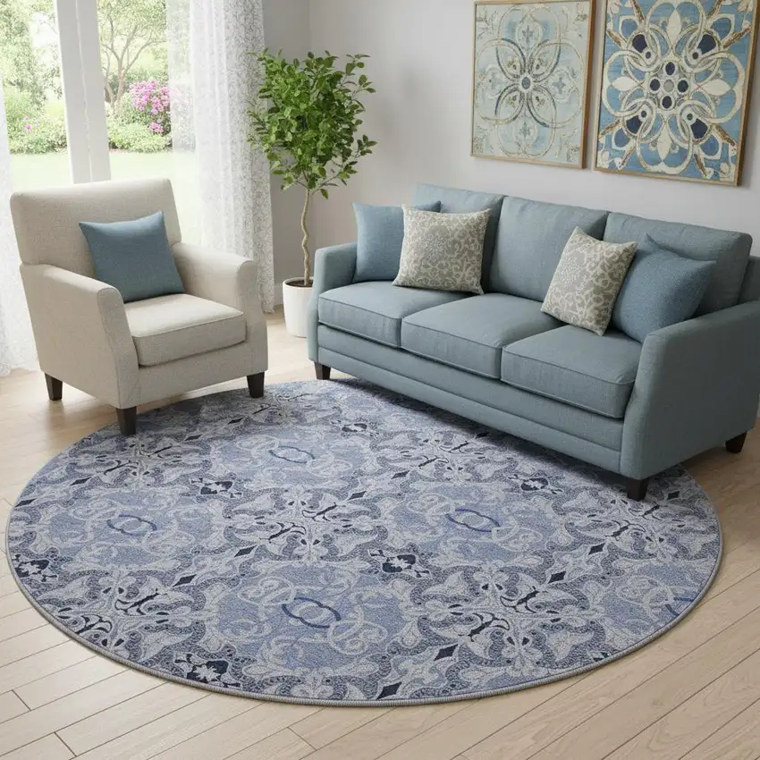 8' Blue Gray And Ivory Medallion Washable Round Rug With UV Protection Photo 1