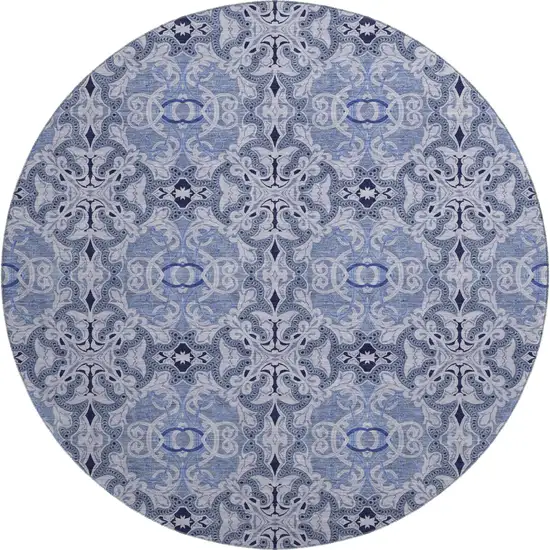 8' Blue Gray And Ivory Medallion Washable Round Rug With UV Protection Photo 1