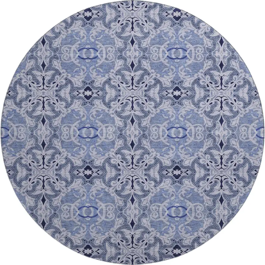 8' Blue Gray And Ivory Medallion Washable Round Rug With UV Protection Photo 1
