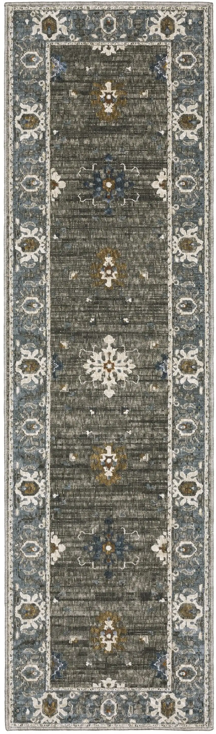 8' Blue Gray And Ivory Oriental Runner Rug Photo 2