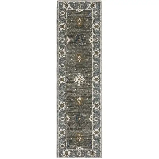 8' Blue Gray And Ivory Oriental Runner Rug Photo 4