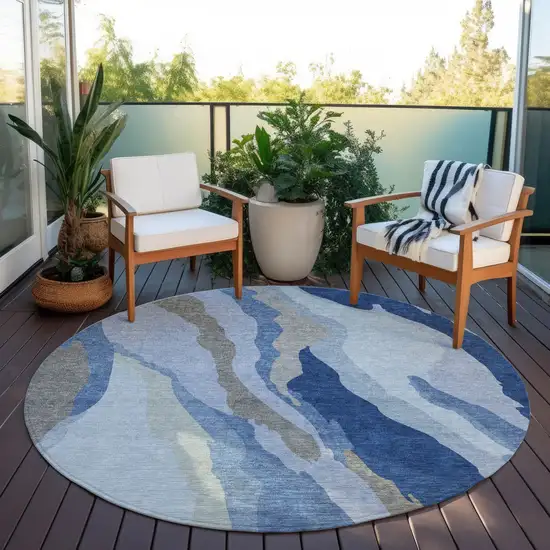 8' Blue Gray And Ivory Round Abstract Washable Indoor Outdoor Area Rug Photo 7