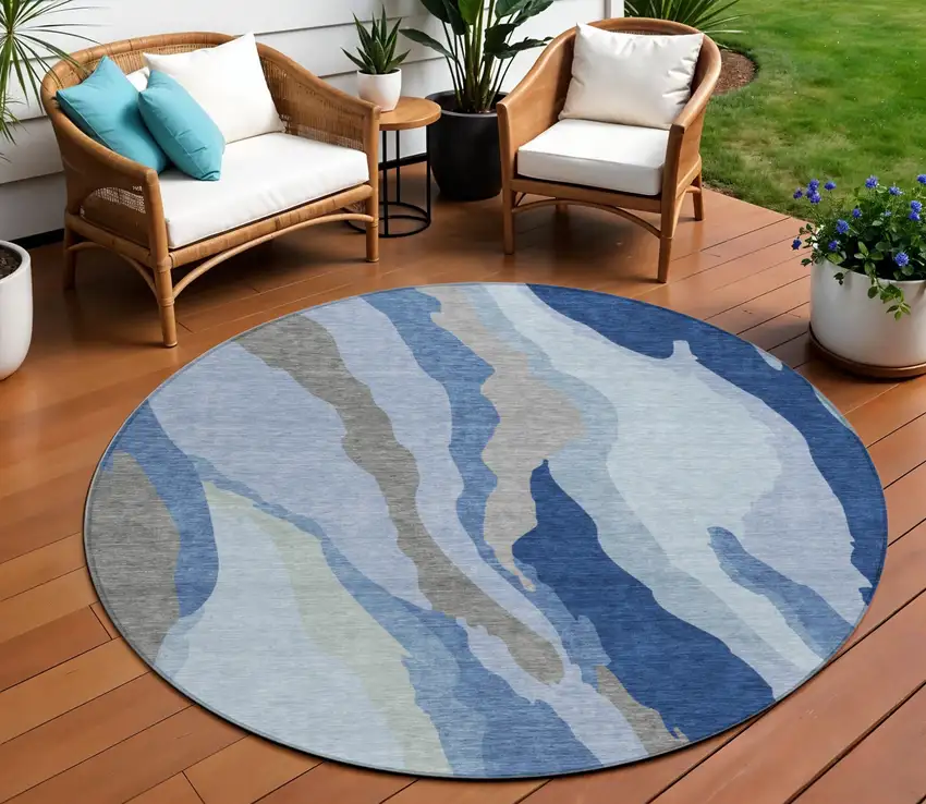 8' Blue Gray And Ivory Round Abstract Washable Indoor Outdoor Area Rug Photo 1