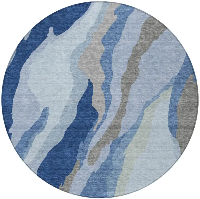 8' Blue Gray And Ivory Round Abstract Washable Indoor Outdoor Area Rug Photo 6