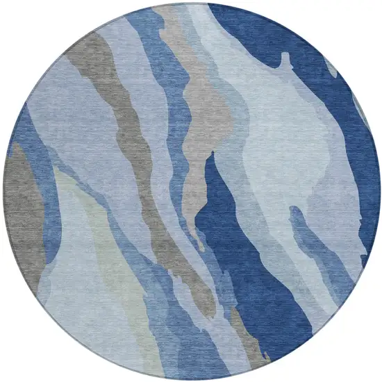 8' Blue Gray And Ivory Round Abstract Washable Indoor Outdoor Area Rug Photo 2