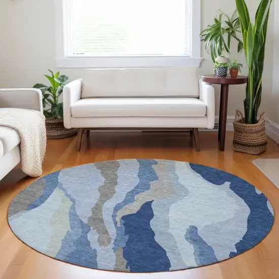 8' Blue Gray And Ivory Round Abstract Washable Indoor Outdoor Area Rug Photo 8