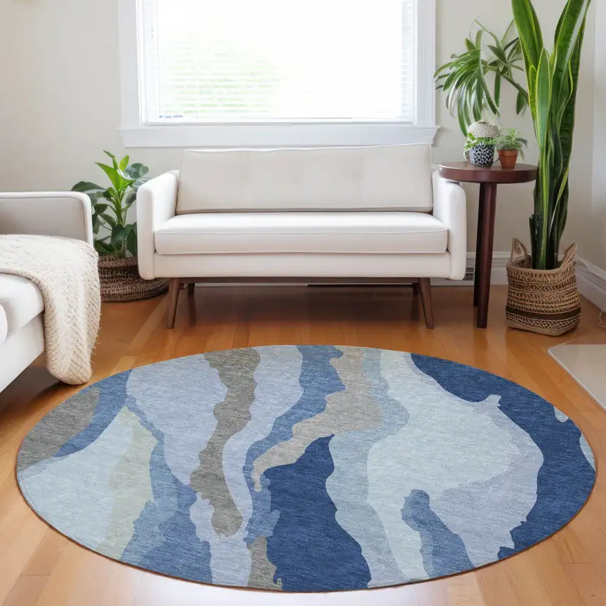 8' Blue Gray And Ivory Round Abstract Washable Indoor Outdoor Area Rug Photo 8
