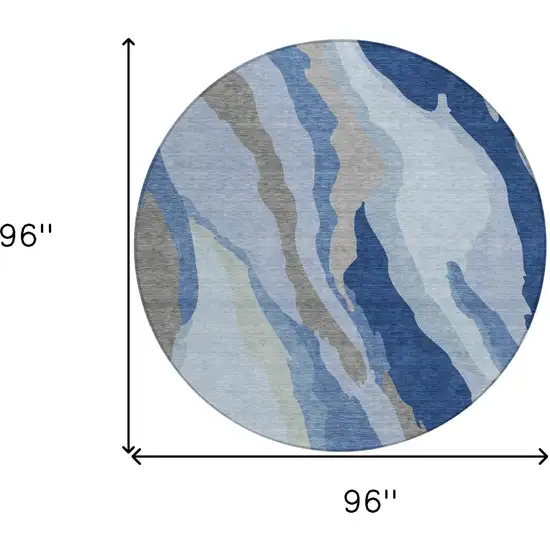 8' Blue Gray And Ivory Round Abstract Washable Indoor Outdoor Area Rug Photo 9