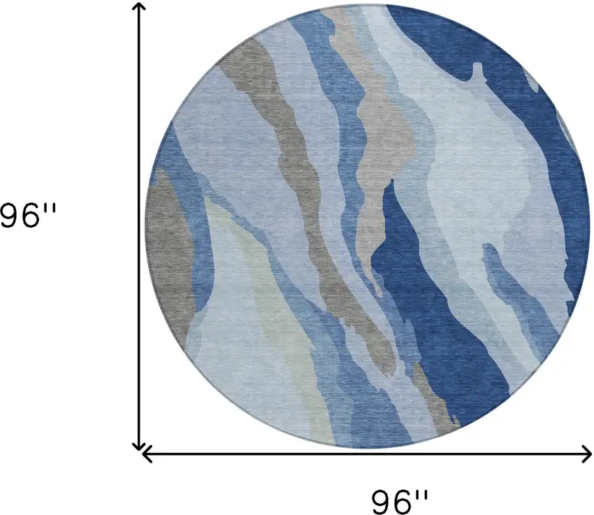 8' Blue Gray And Ivory Round Abstract Washable Indoor Outdoor Area Rug Photo 9