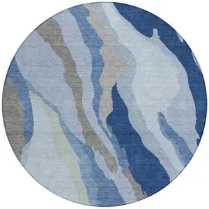 Photo of 8' Blue Gray And Ivory Round Abstract Washable Indoor Outdoor Area Rug