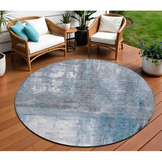 8' Blue Gray And Ivory Round Abstract Washable Indoor Outdoor Area Rug Photo 1