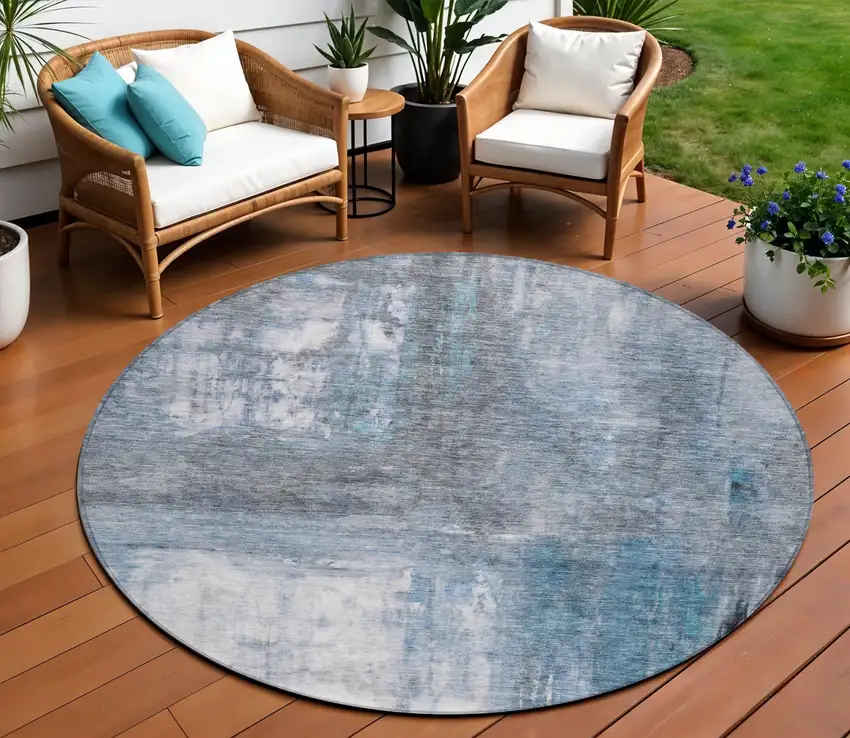 8' Blue Gray And Ivory Round Abstract Washable Indoor Outdoor Area Rug Photo 1