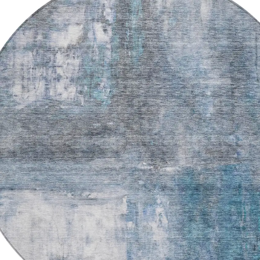 8' Blue Gray And Ivory Round Abstract Washable Indoor Outdoor Area Rug Photo 5