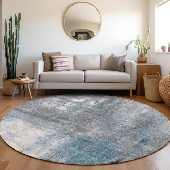8' Blue Gray And Ivory Round Abstract Washable Indoor Outdoor Area Rug Photo 8