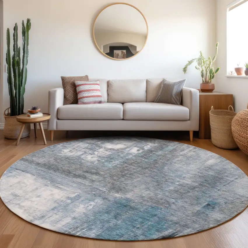 8' Blue Gray And Ivory Round Abstract Washable Indoor Outdoor Area Rug Photo 8