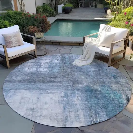 8' Blue Gray And Ivory Round Abstract Washable Indoor Outdoor Area Rug Photo 7