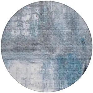 Photo of 8' Blue Gray And Ivory Round Abstract Washable Indoor Outdoor Area Rug