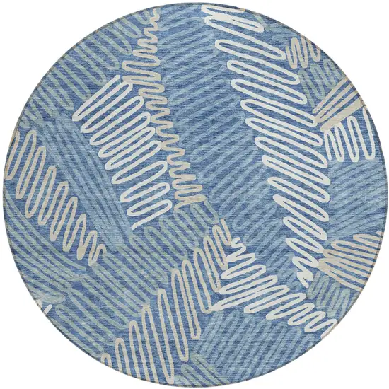 8' Blue Gray And Ivory Round Floral Washable Indoor Outdoor Area Rug Photo 2