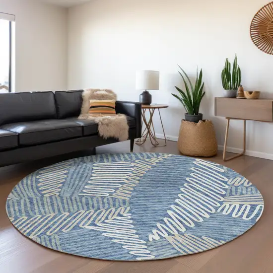 8' Blue Gray And Ivory Round Floral Washable Indoor Outdoor Area Rug Photo 8