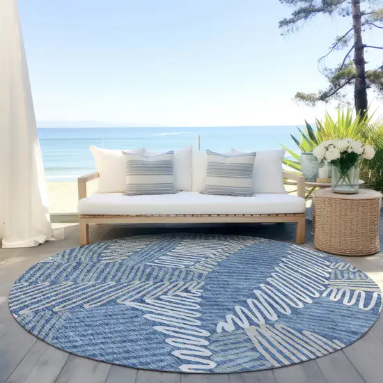 8' Blue Gray And Ivory Round Floral Washable Indoor Outdoor Area Rug Photo 7