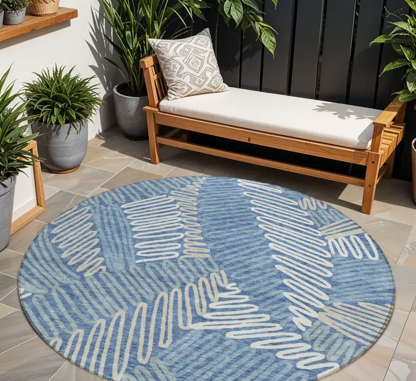 8' Blue Gray And Ivory Round Floral Washable Indoor Outdoor Area Rug Photo 1