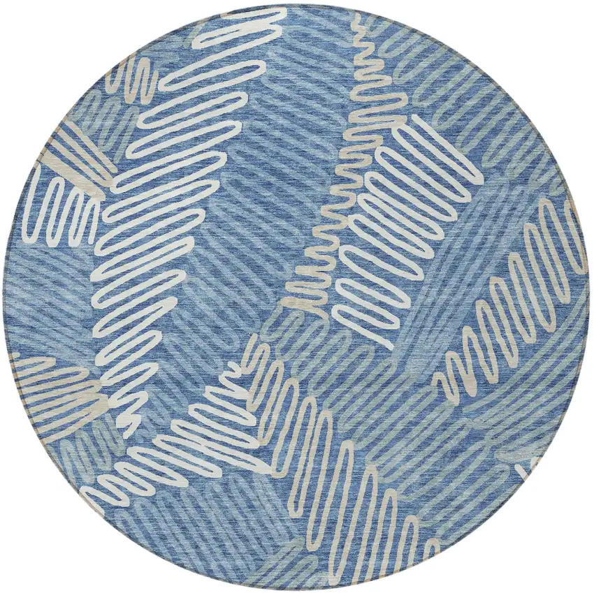 8' Blue Gray And Ivory Round Floral Washable Indoor Outdoor Area Rug Photo 6