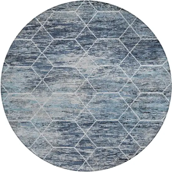 8' Blue Gray And Ivory Round Geometric Washable Indoor Outdoor Area Rug Photo 1