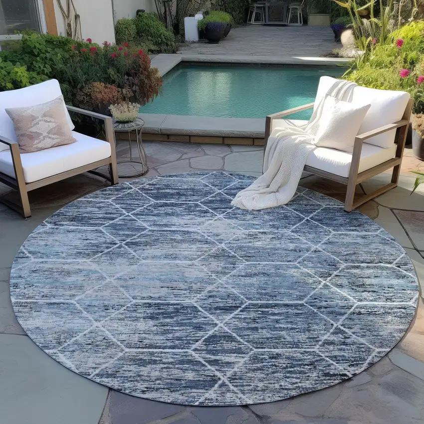 8' Blue Gray And Ivory Round Geometric Washable Indoor Outdoor Area Rug Photo 5