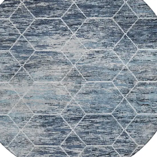 8' Blue Gray And Ivory Round Geometric Washable Indoor Outdoor Area Rug Photo 8
