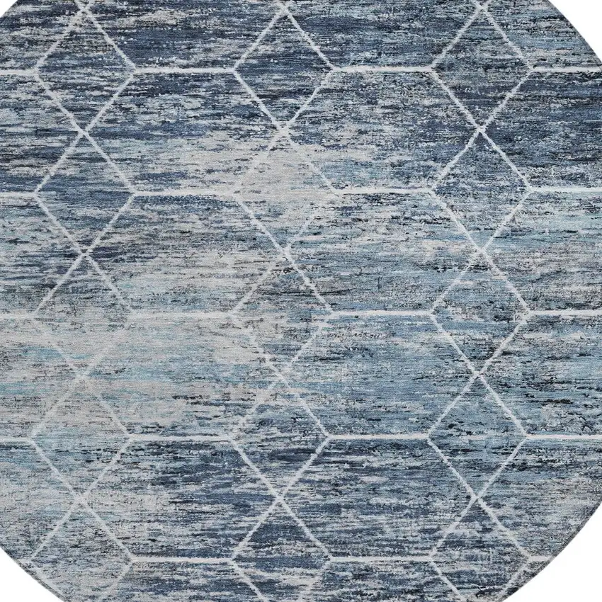 8' Blue Gray And Ivory Round Geometric Washable Indoor Outdoor Area Rug Photo 8